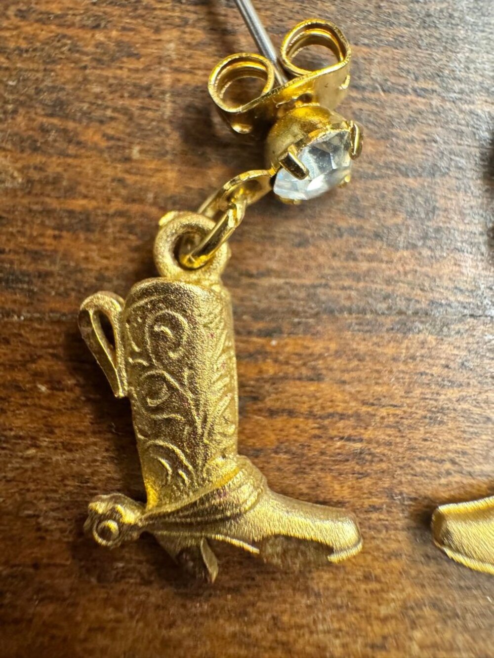 Gold Tone Cowboy Boot Dangle Earrings Clear Crystal Stud